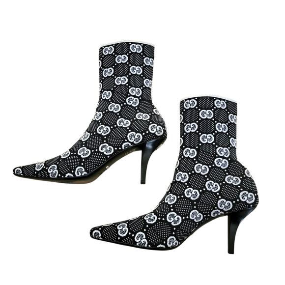 Gucci GG Monogram Technical Jersey Square Toe Ankle Boots Black White 39.5 9.5 - Picture 7 of 12